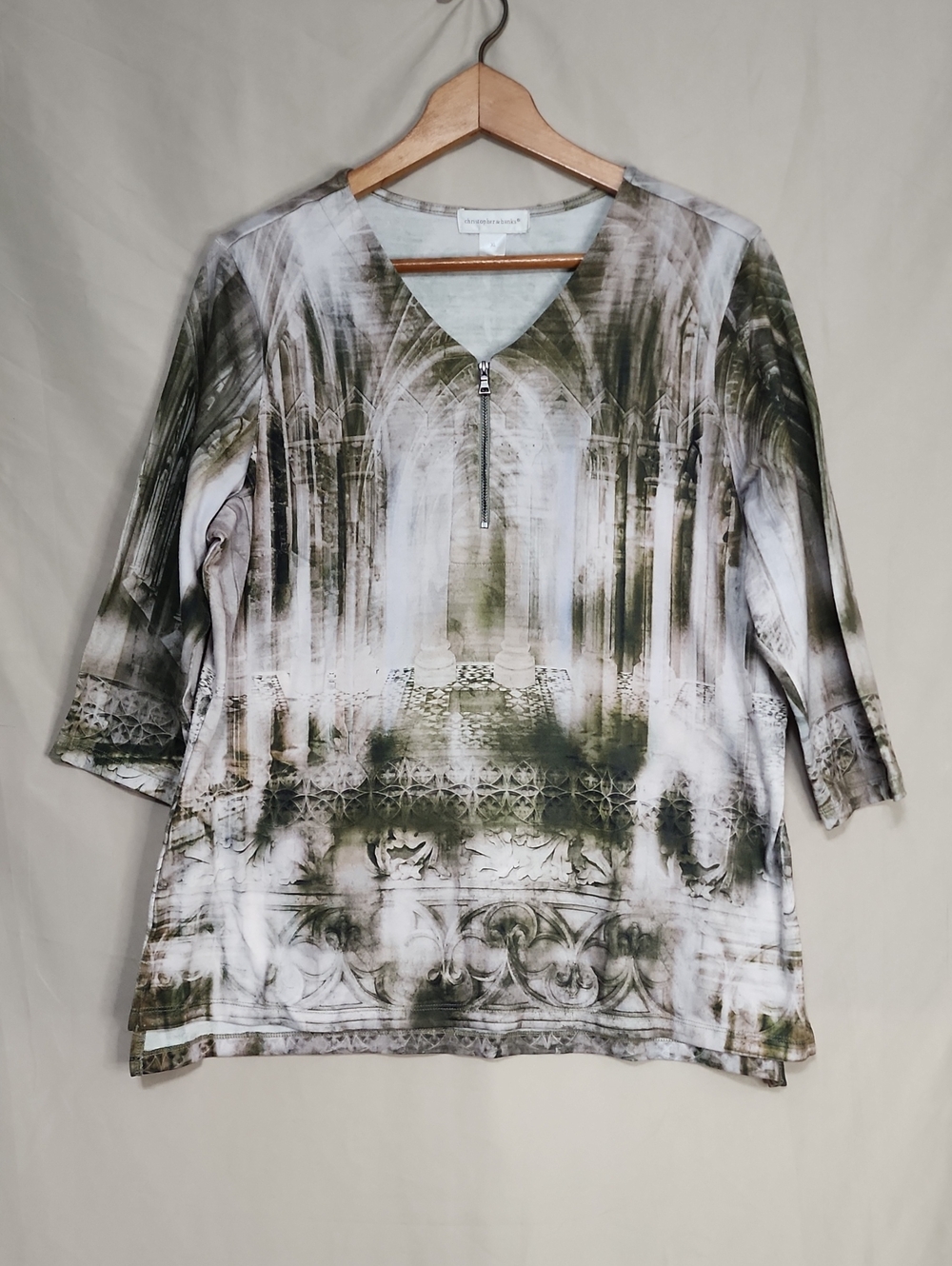 Christopher & Banks Olive Green and White Print Zip-Front Tunic